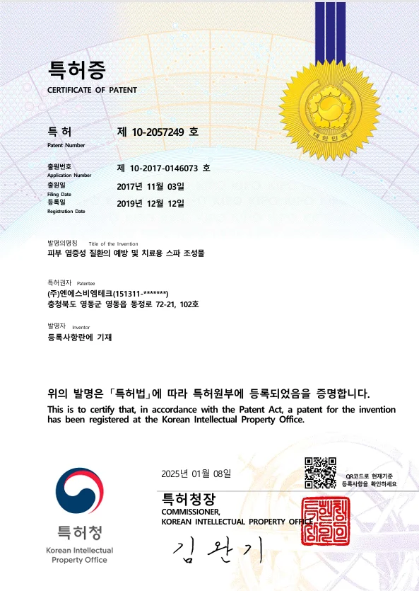 등록특허 제10-2057249호 특허증